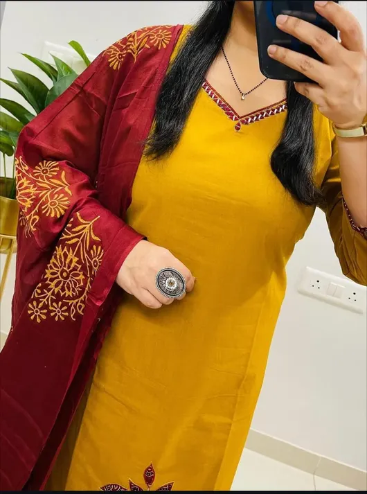 Elegant Floral Embroidered Pure Cotton Kurti Set with Matching Dupatta